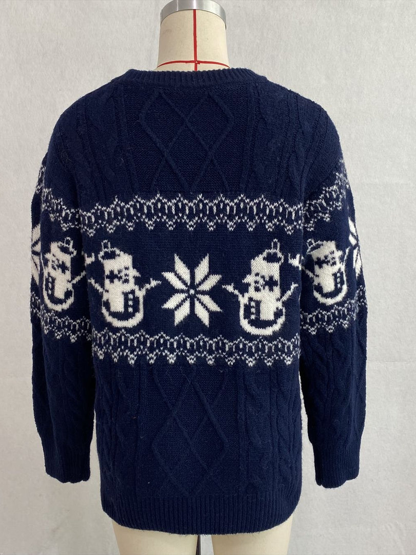 Jacquard Cable Knit Round Neck Loose Pullover Sweater N6H281