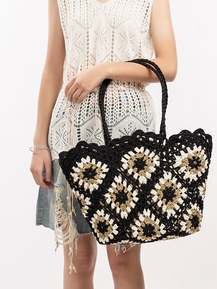 Hand Crochet Color Block Mesh Tote Beach Bag Women N6C302