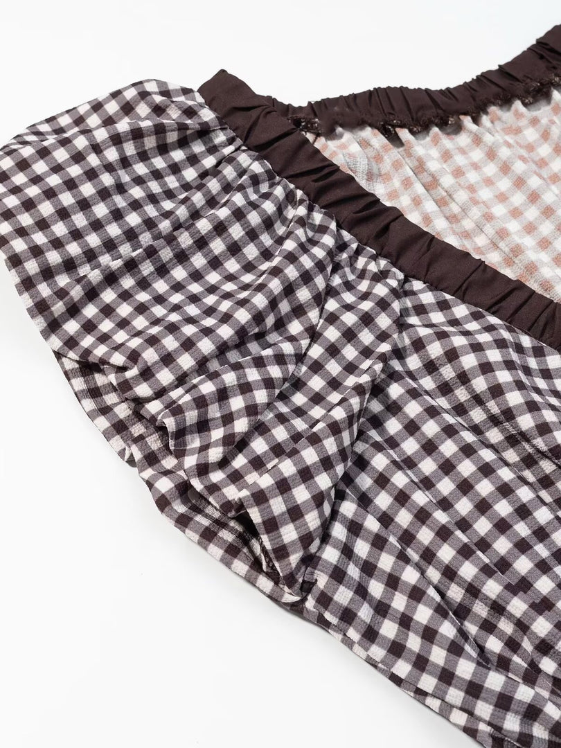 Gingham Balloon Sleeve Bow Tie Blouse Women N6C276