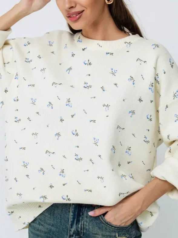 Floral Print Knit Pullover Round Neck Long Sleeve N6G145
