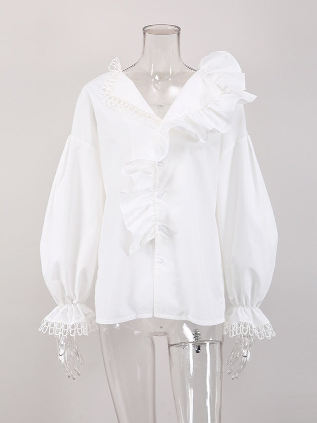 V Neck Ruffle Lace Trim Blouse Women N6C134