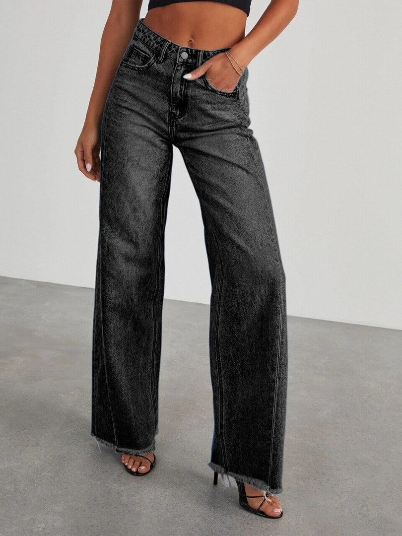 Loose Wide Leg Side Panel Raw Hem Jeans Women N6D154