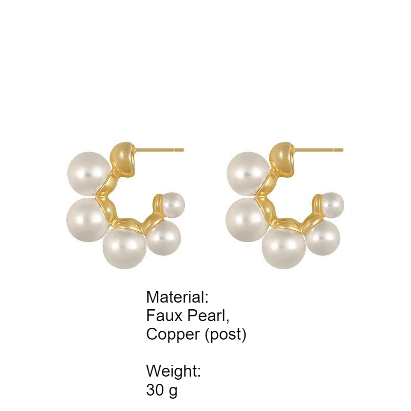 C-Shaped 5 Faux Pearl Stud Earrings Women Vintage N6H163