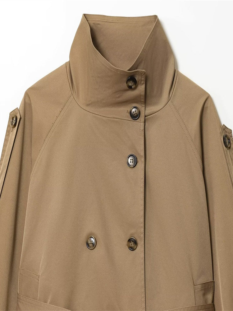 Solid Stand Collar Belted Jacket Women Long Sleeve N6G165