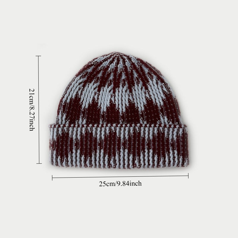 Unisex Wool Blend Diamond Colorblock Knit Beanie N6J106
