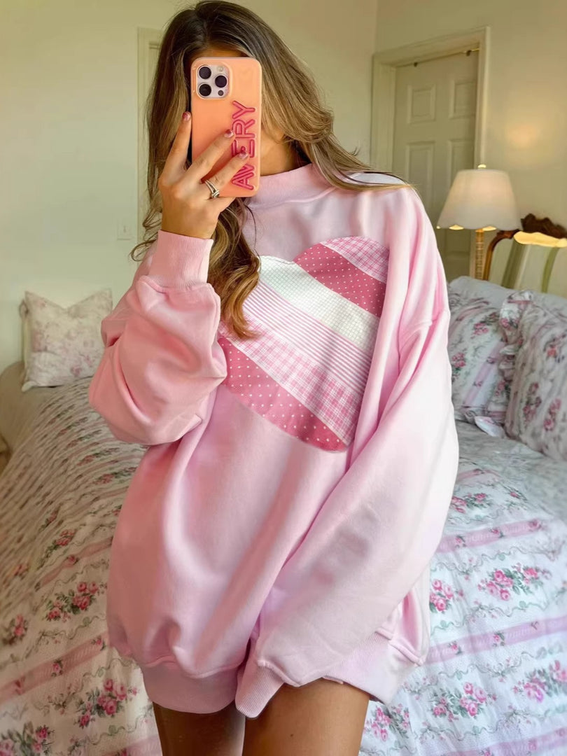 Heart Embroidery Oversized Pullover Sweater Women N6B096