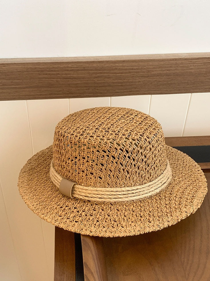 Openweave Flat Top Straw Hat French Retro Vacation N6C370