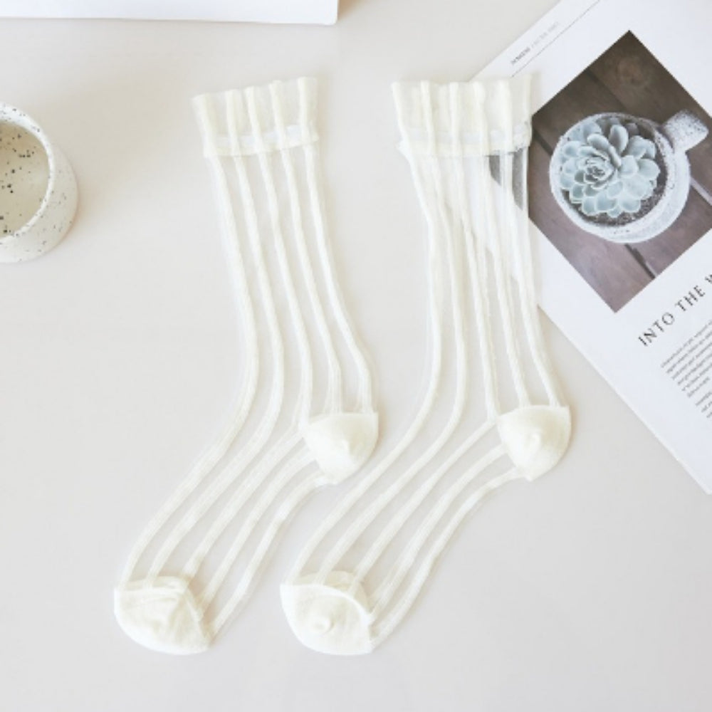 Vertical Rib Crystal Sheer Mid-Calf Socks Women N6H032