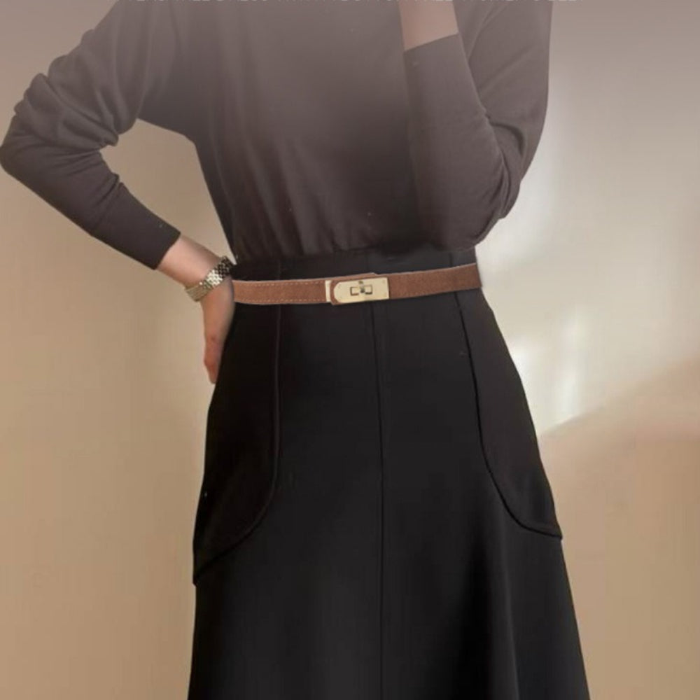 Matte Finish No-Hole Lock Buckle Genuine Leather Belt N6H324
