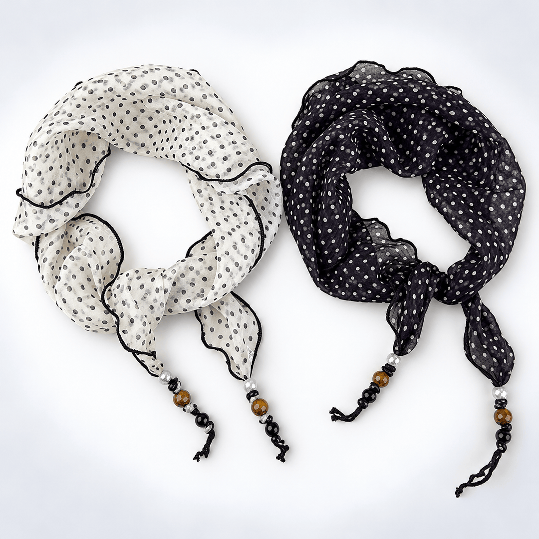Womens Black and White Polka Dot Beaded Triangle Scarf N6K272