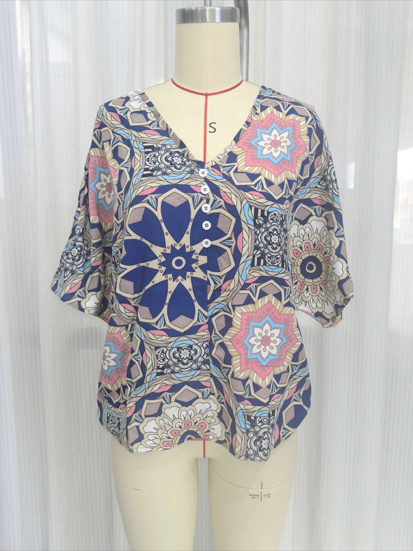 Ethnic Batwing Sleeve V-Neck T-shirt Women N6D102