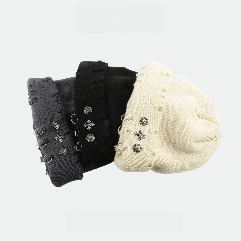 Vintage Cross Ring Hole Knit Beanie Women N6H216