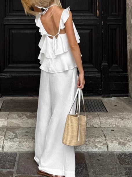White Linen Flutter Sleeve Top and Wide Leg Pants Set N6D111