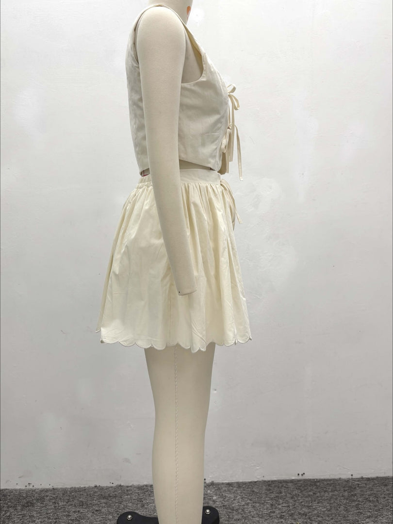 Vest and High Waist Skirt Set Women Beige N6D071