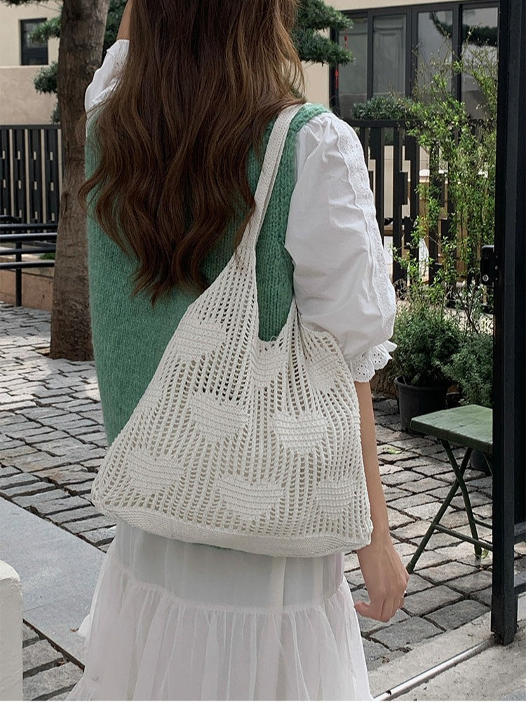 Vintage Knit Heart Mesh Tote Bag Women N6C068