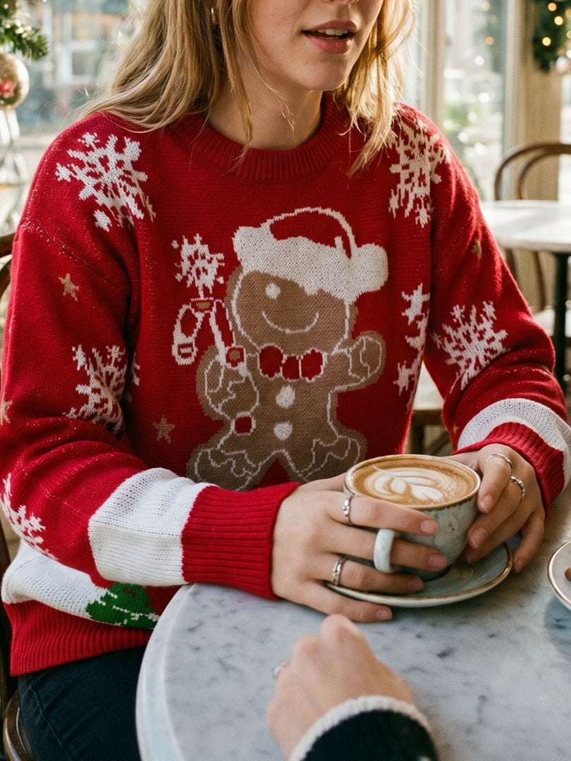 Loose Round Neck Gingerbread Man Jacquard Sweater N6H321