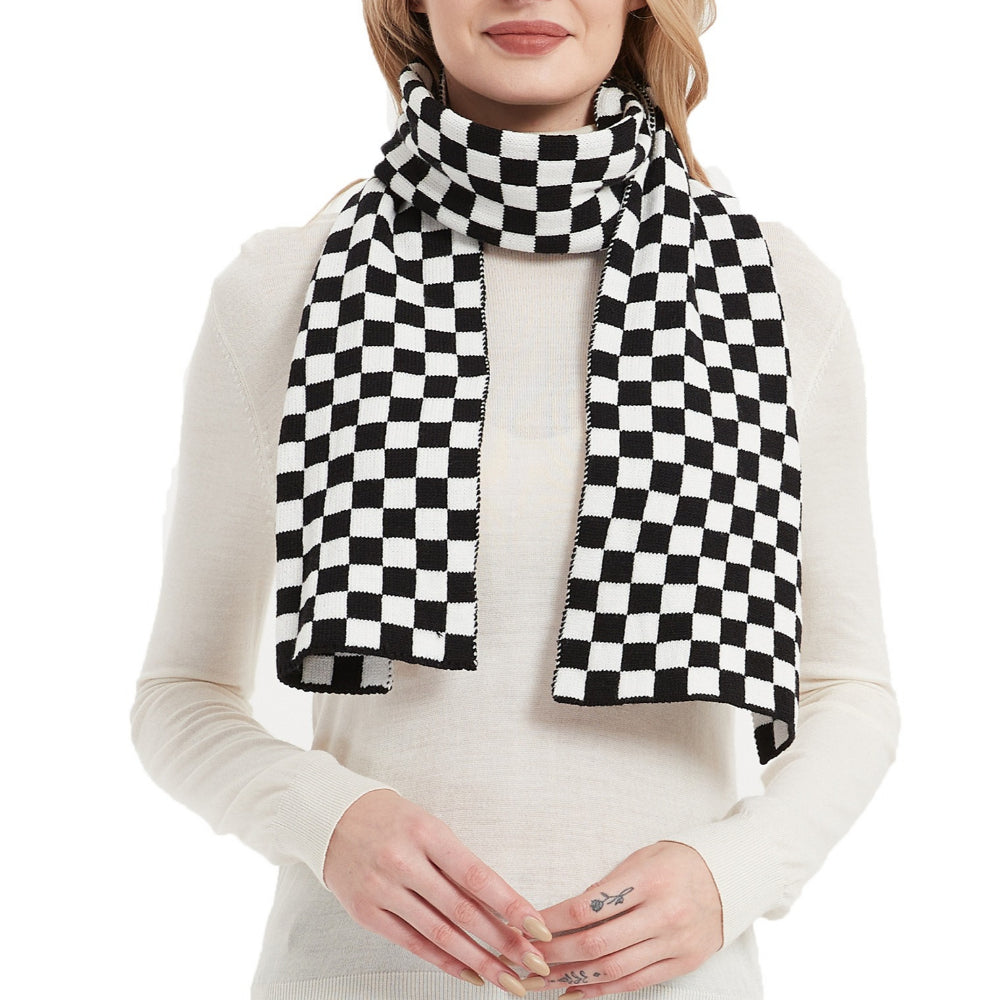 Checkerboard Knit Scarf Women Black Brown N6H250
