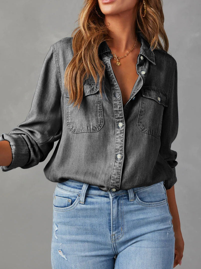 Casual Lapel Long Sleeve Denim Shirt Women N6D064