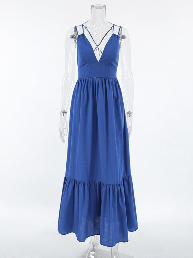 Blue V-Neck Slip Dress Women N6D113
