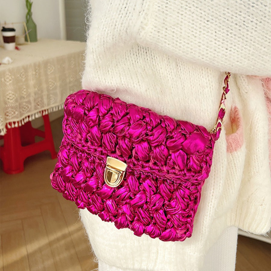 Handwoven Metallic Shiny Crossbody Bag Lock Closure N6F088