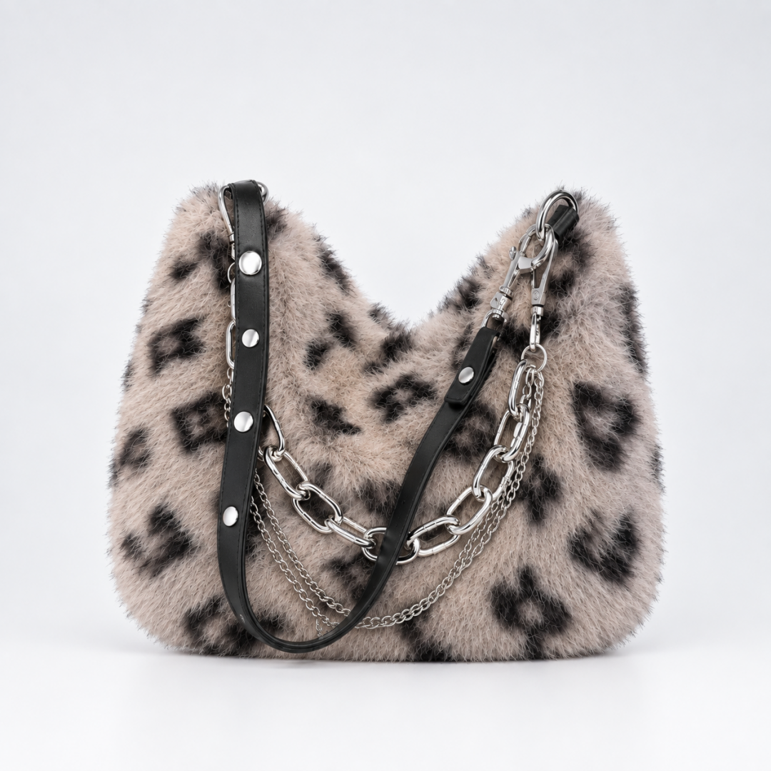 Women's Plush Leopard Chain Baguette Shoulder Bag N6J188