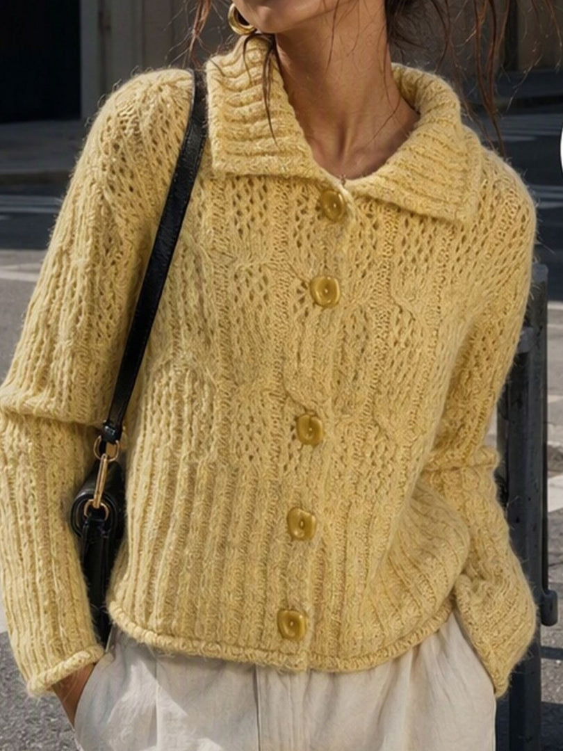 Cable-Knit Polo Collar Openwork Button Cardigan Women N6H284