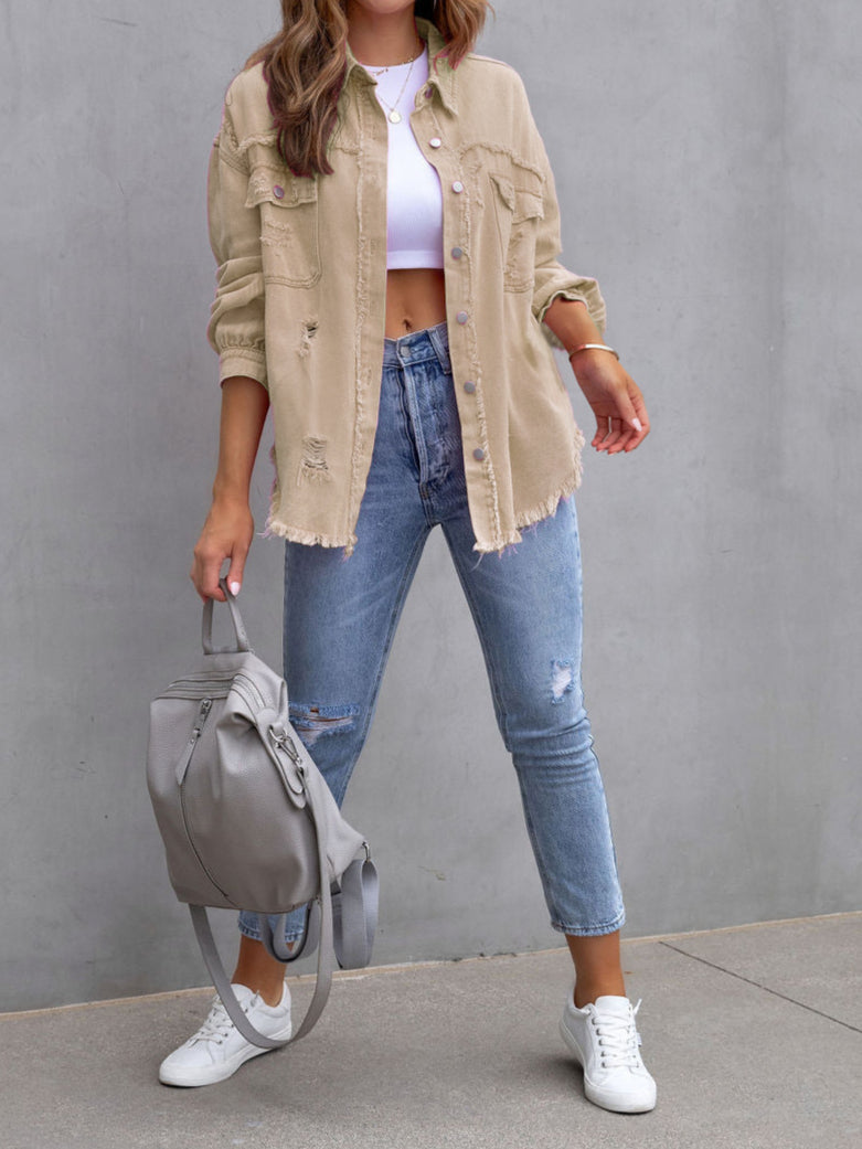 Distressed Denim Jacket Mid Length Raw Hem  N5Z166