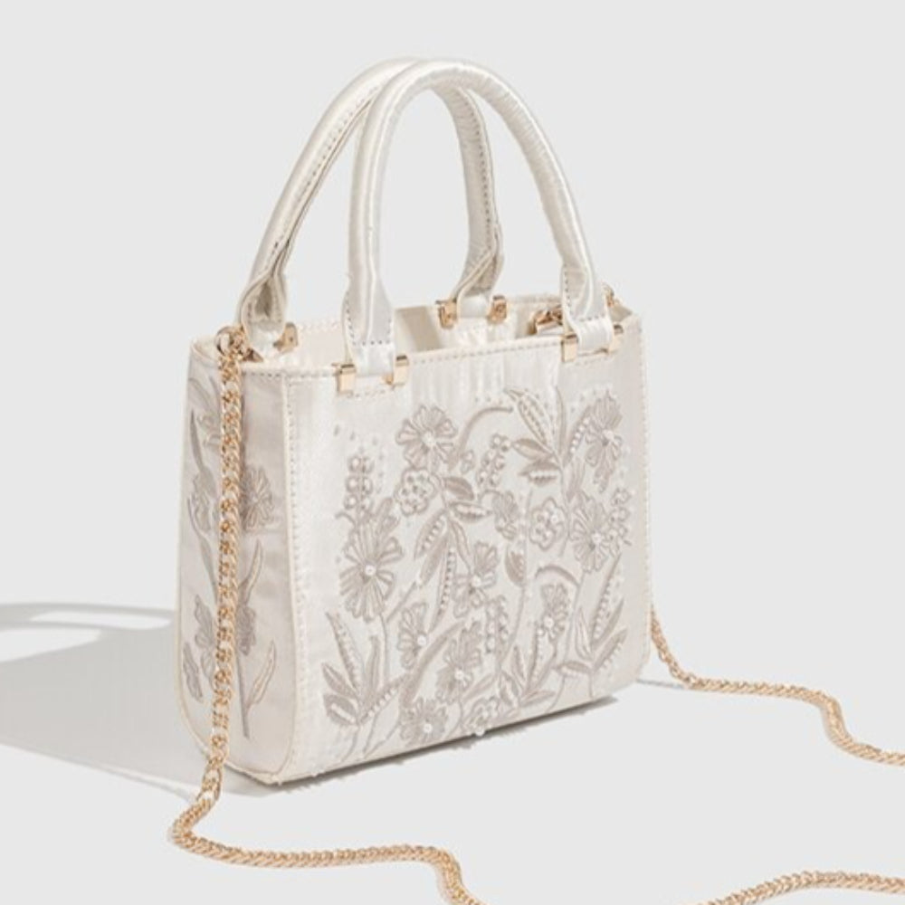 Vintage Silk Pearl Chain Clutch Bag with Embroidery N6E030
