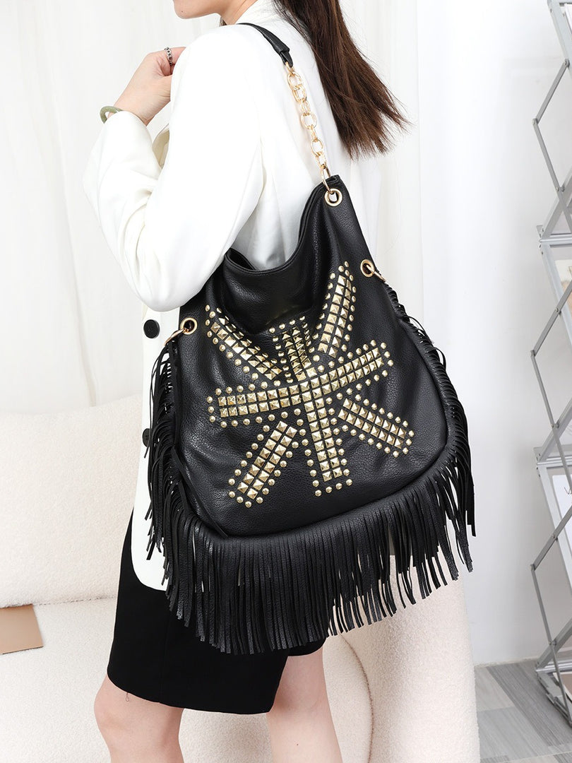 Soft Leather Rivet Fringe Tote Bag Women N6C221