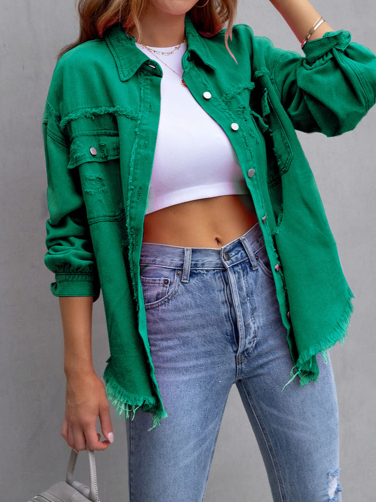 Distressed Denim Jacket Mid Length Raw Hem  N5Z166