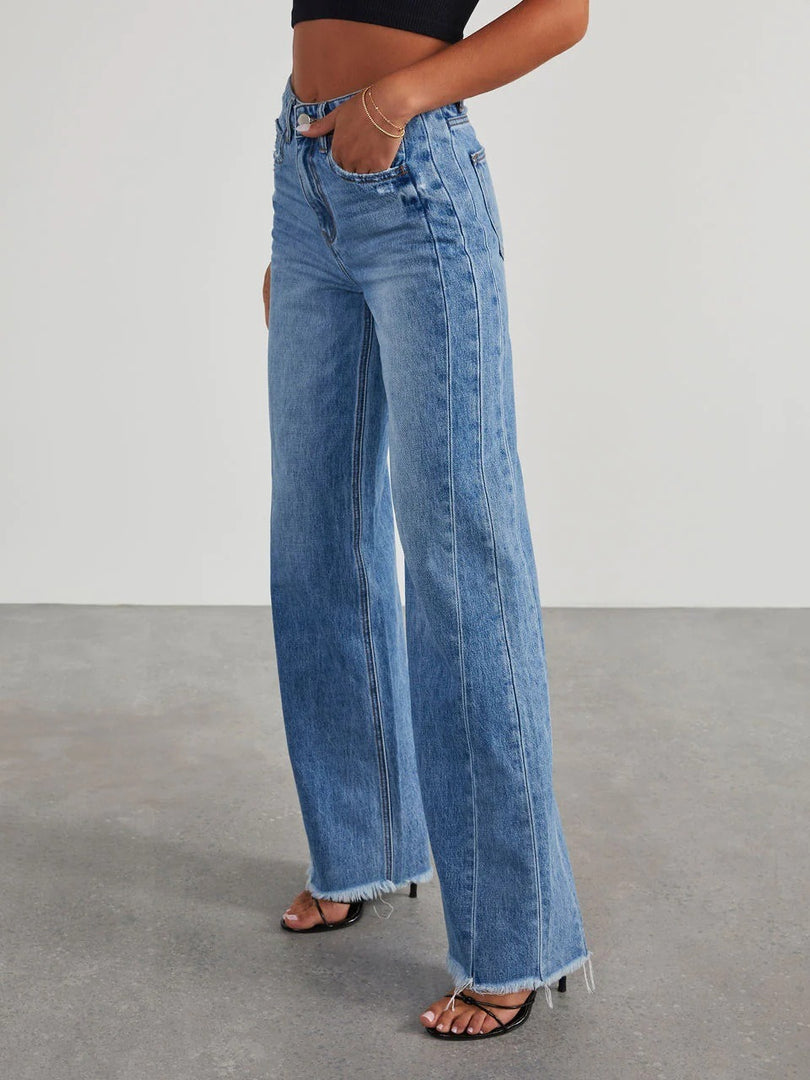 Loose Wide Leg Side Panel Raw Hem Jeans Women N6D154