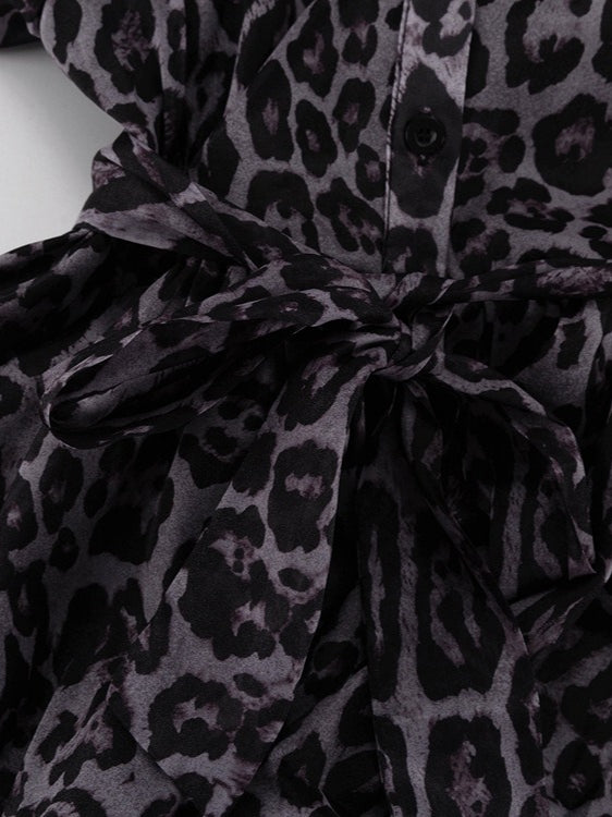 Leopard Print Chiffon Dress with Lapel and Puff Sleeve N6C192