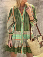 Load image into Gallery viewer, Printed Linen Blend Flounce Sleeve Short Dress Women N6D056