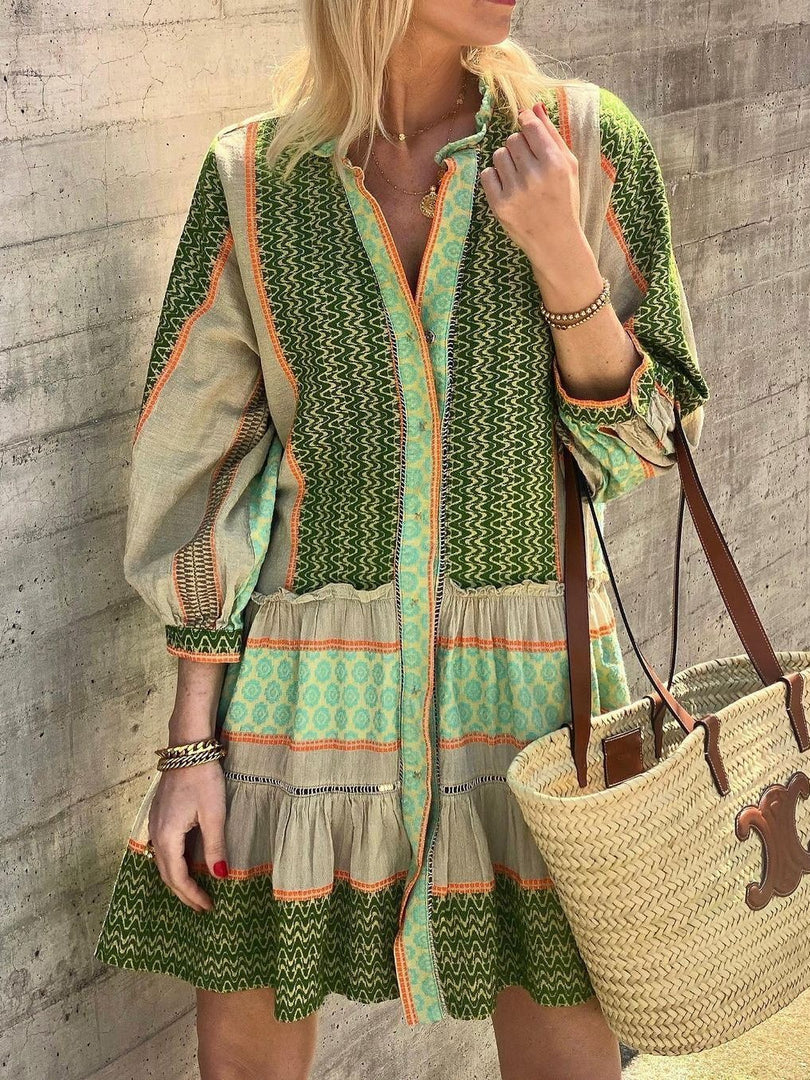 Printed Linen Blend Flounce Sleeve Short Dress Women N6D056