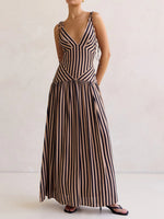 Load image into Gallery viewer, Summer Striped Tie-Waist V-Neck Maxi Dress N6F027