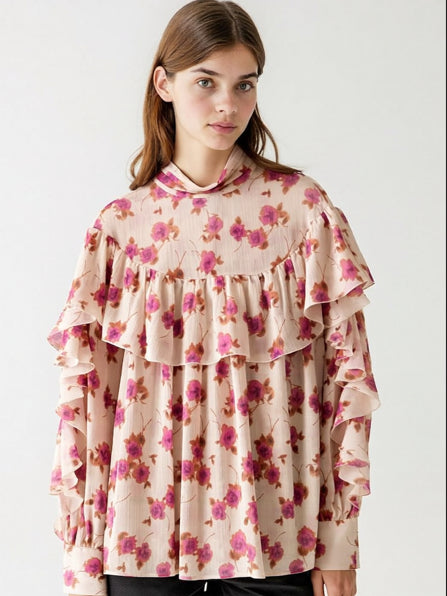 Retro Floral Layered Blouse Women N6C116