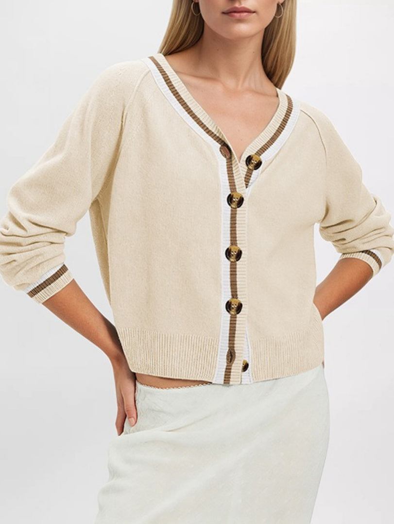 Color-Block V-Neck Long Sleeve Cardigan Women N6H289