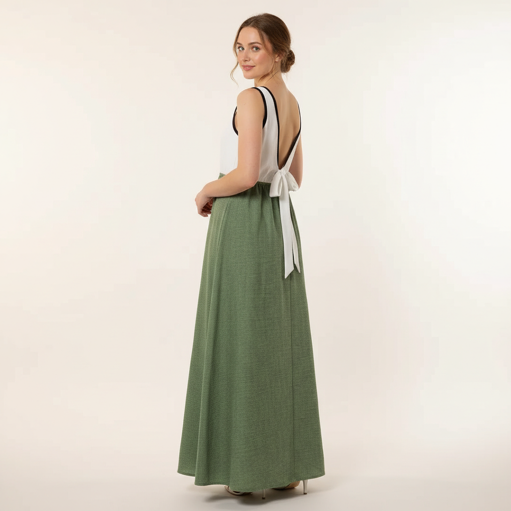 Elegant Contrast V-Neck Backless Green Maxi Dress N6A088