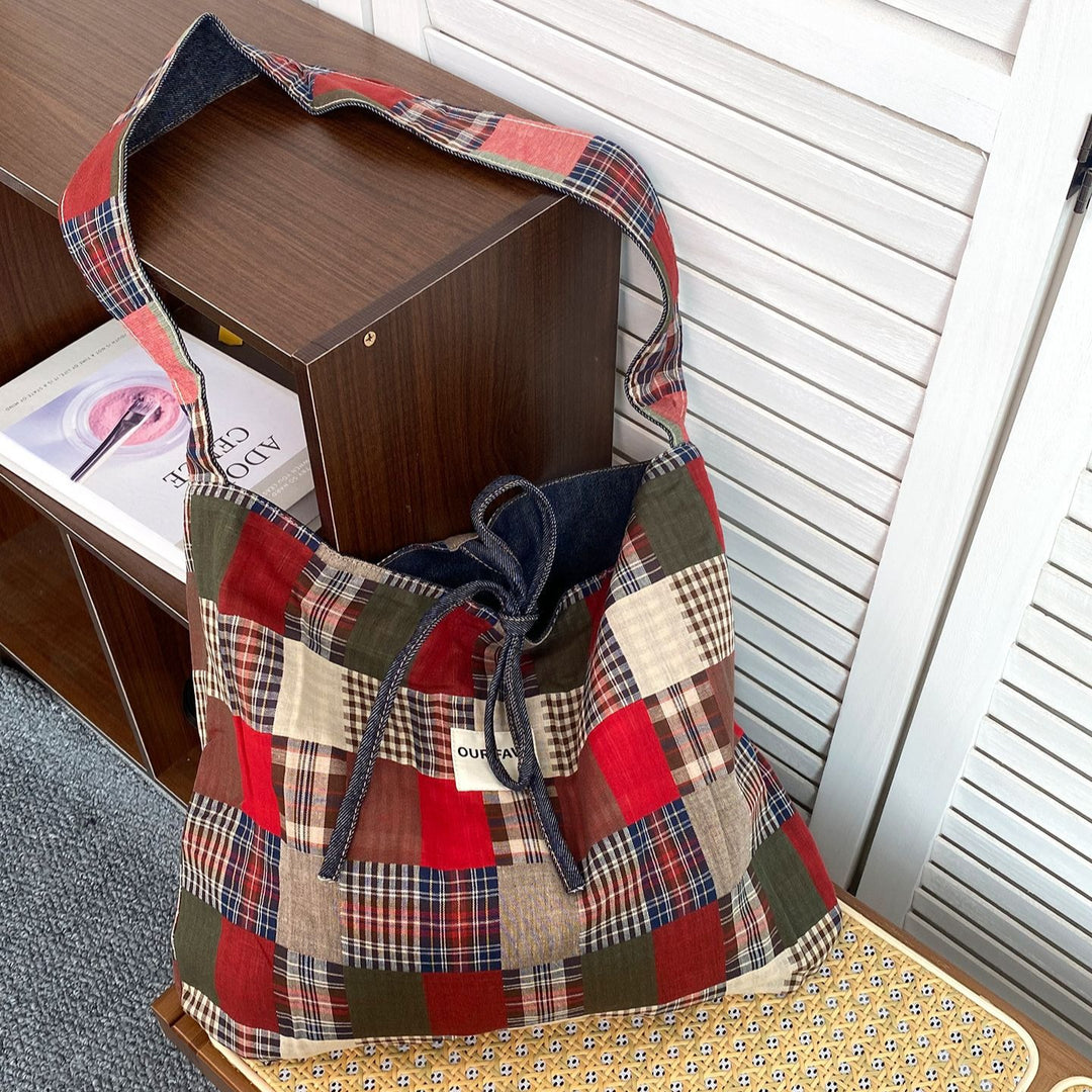 Women's Plaid Denim Tie-Closure Tote Bag N6J203