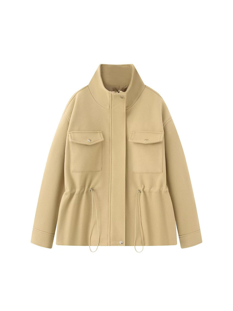 Loose Zip Stand Collar Adjustable Waist Jacket Women N6H130