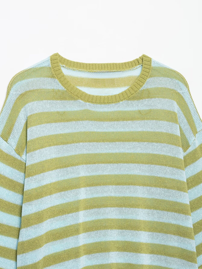 Casual Striped Knit Top Round Neck Cap Sleeve Women N6G149