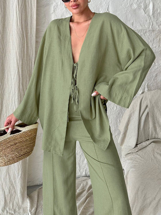 Cotton Sleep Long Pant Mid Weight Green Gray Pink N5Z774
