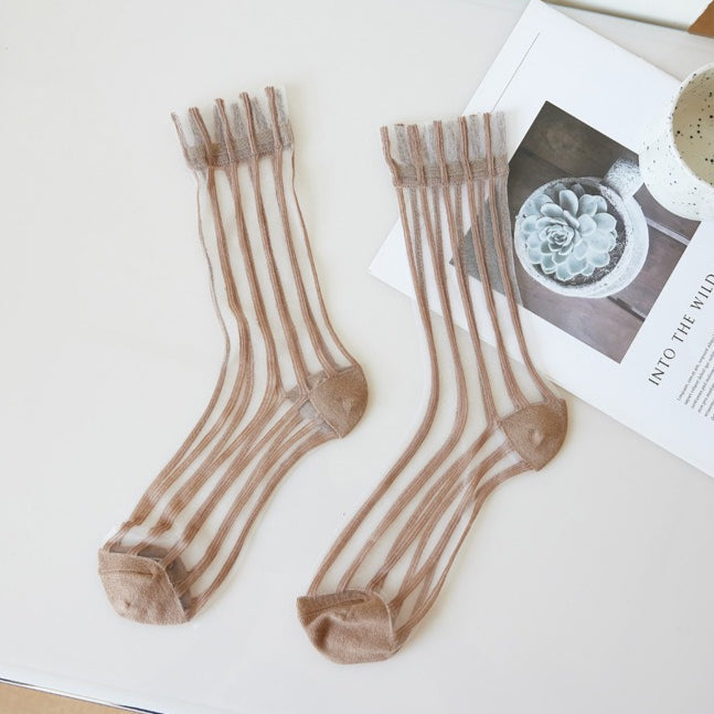 Vertical Rib Crystal Sheer Mid-Calf Socks Women N6H032