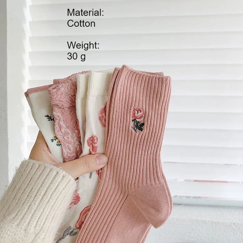 Rose Embossed Floral Embroidery Mid-Calf Stack Socks N6H014