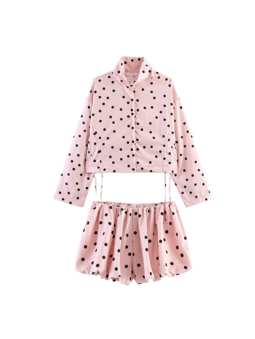 Polka Dot Balloon Jacket Shorts Set Women Casual N6F207