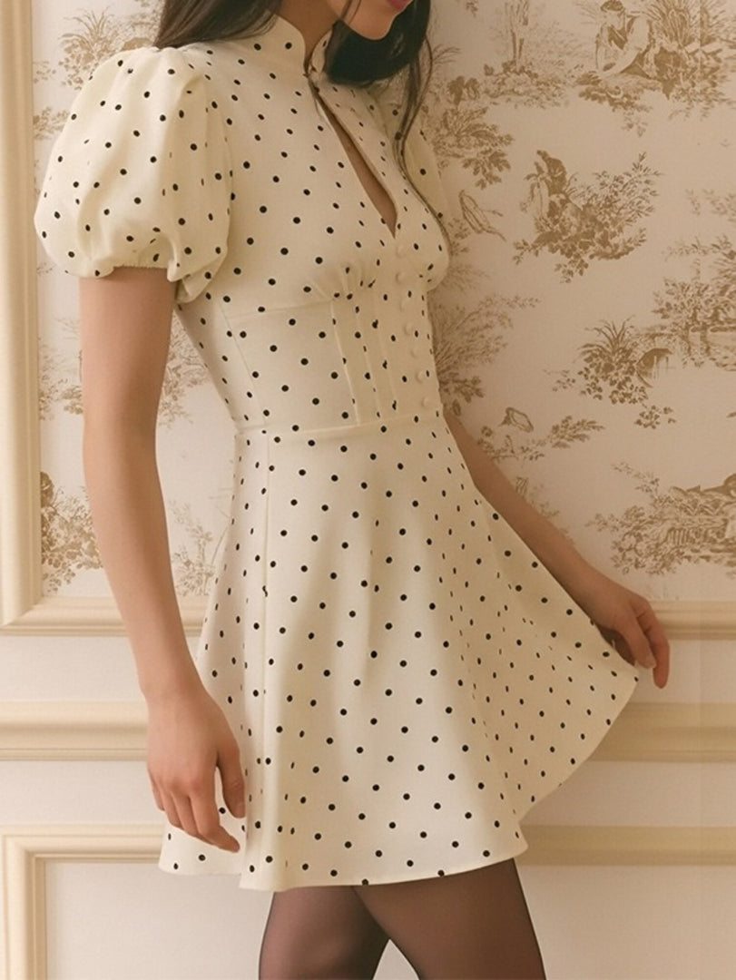 Elegant Polka Dot Puff Sleeve A-Line Dress Women N6E148
