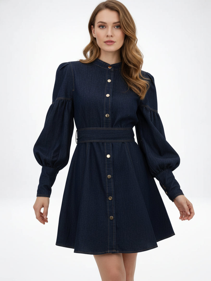 Denim Shirt Dress with Lantern Sleeve and Tie Belt  N6C194