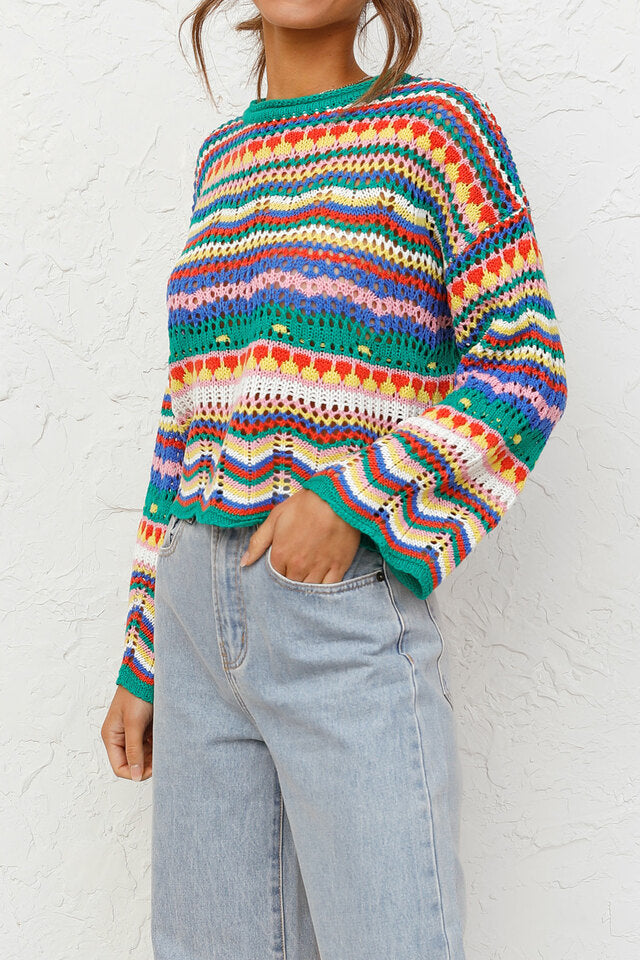 Striped Color-Block Loose Round Neck Pullover Sweater N6H303