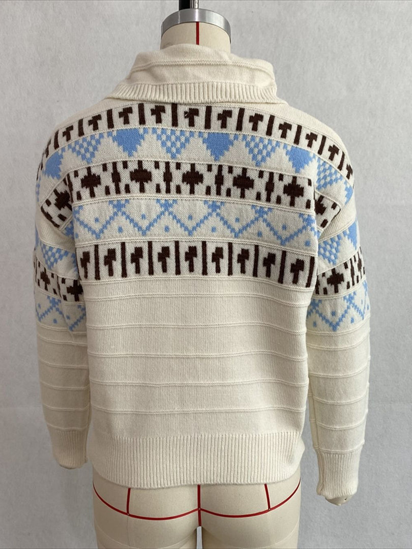 Fair Isle Polo Half Zip Knit Sweater Women Commuter N6H283