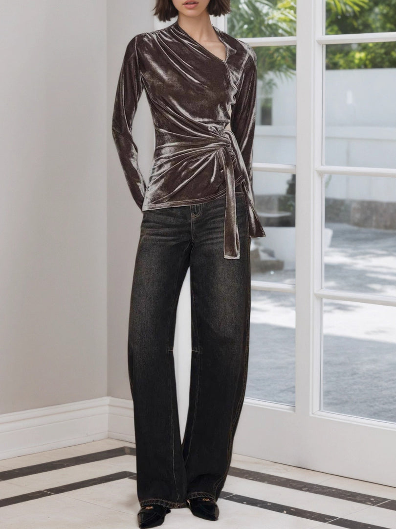 Velvet Knot Detail Top Women Dark Brown N5A443